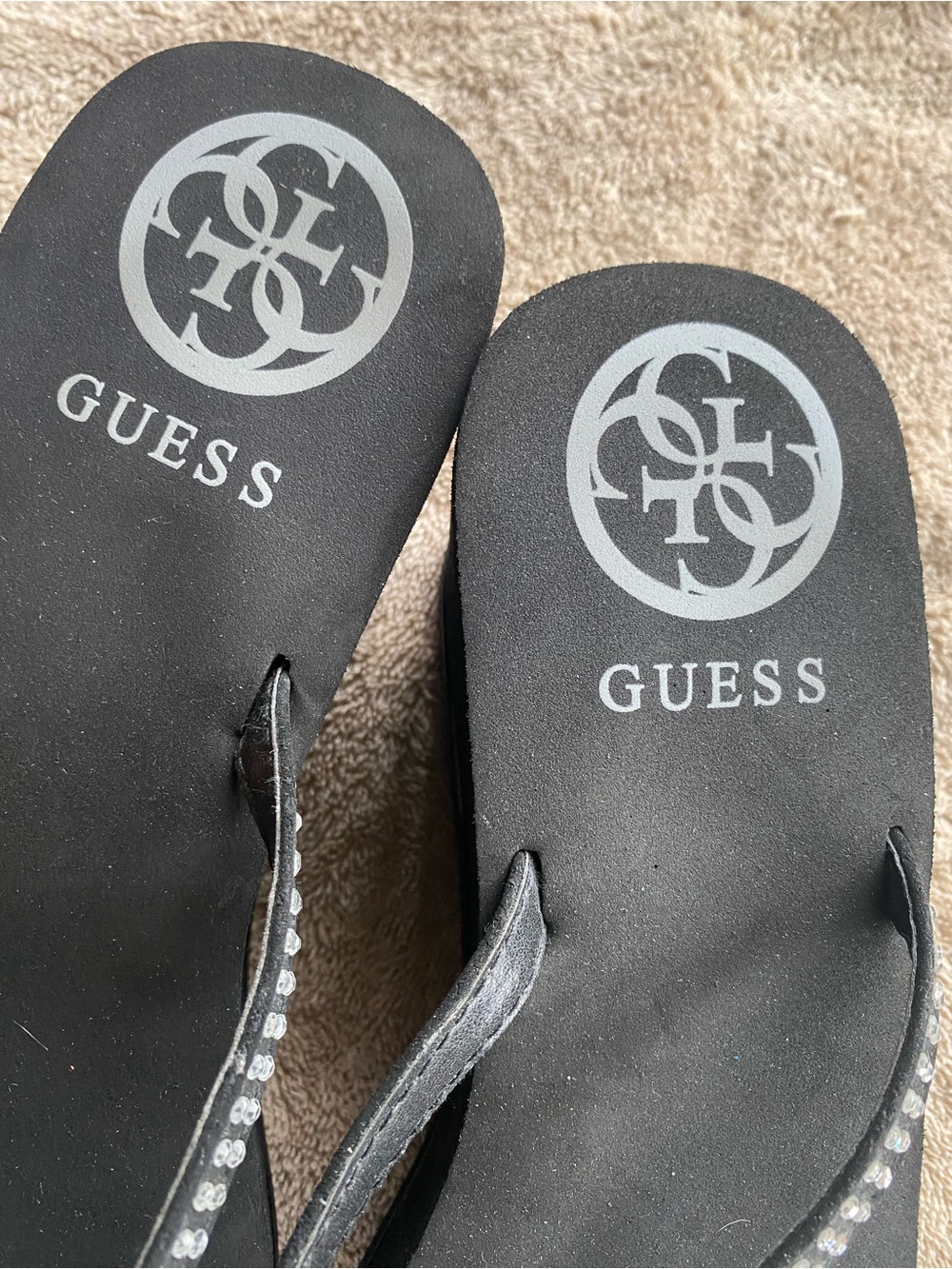 G by GUESS Selya Black Rhinestone Platform Wedge Sandals Flip Flops 9 - Picture 3 of 6